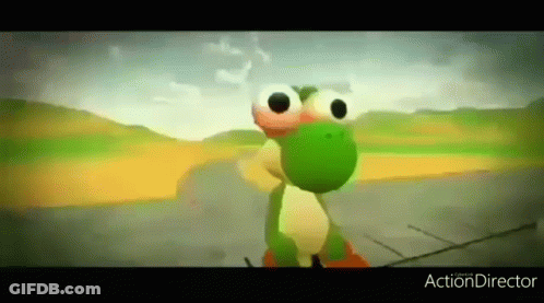 A Yoshi Doll Is Standing On A Road In A Video Game . GIF