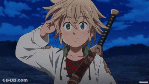 A Young Anime Character Is Holding A Sword And Saluting In Front Of A Blue Sky . GIF