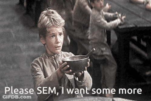 A Young Boy Holding A Bowl Of Soup With The Words Please Sem I Want Some More On The Bottom GIF