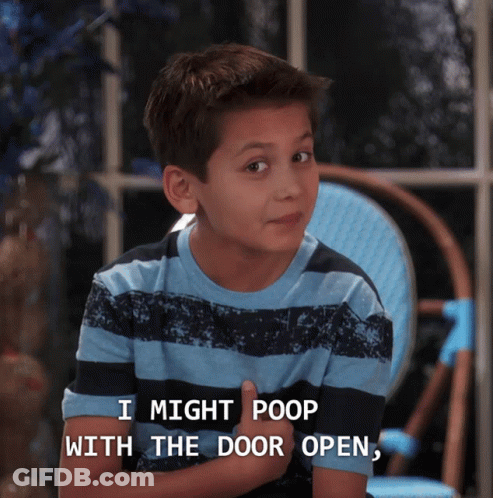 A Young Boy In A Blue And Black Striped Shirt Says I Might Poop With The Door Open GIF