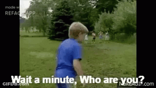 A Young Boy In A Blue Shirt Is Standing In A Grassy Field And Asking Who Are You . GIF