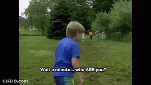 A Young Boy In A Blue Shirt Is Standing In A Grassy Field And Says Wait A Minute Who Are You GIF