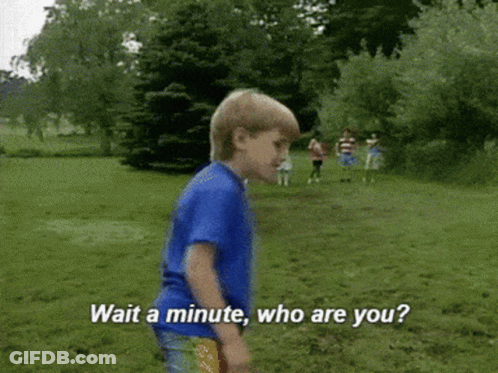 A Young Boy In A Blue Shirt Is Standing In A Grassy Field And Says " Wait A Minute Who Are You " GIF