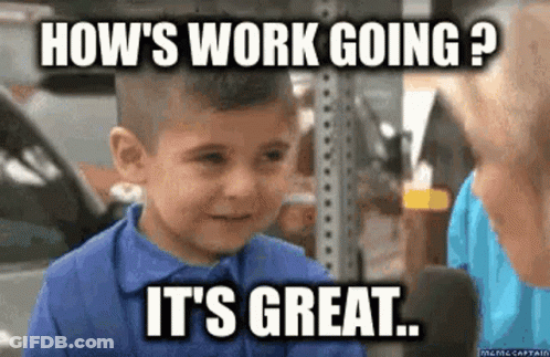 A Young Boy In A Blue Shirt Is Talking To A Woman And Says How 'S Work Going ? It 'S Great GIF