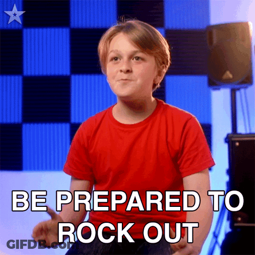 A Young Boy In A Red Shirt Is Prepared To Rock Out GIF