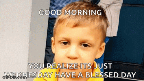 A Young Boy In A Yellow Shirt Is Making A Funny Face And Says Good Morning GIF