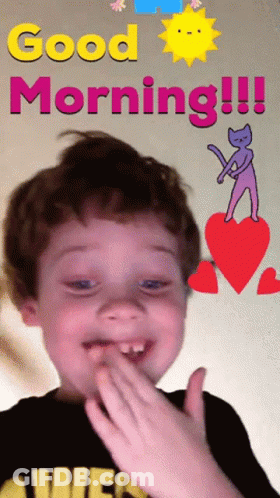 A Young Boy Is Covering His Mouth In Front Of A Sign That Says " Good Morning " GIF
