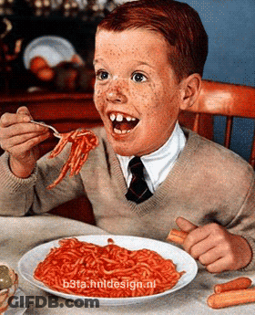 A Young Boy Is Eating Spaghetti With A Fork And A Plate Of Spaghetti With Beta.htmldesign.nl Written On It GIF