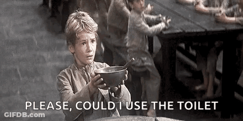 A Young Boy Is Holding A Bowl Of Food And Asking For A Toilet . GIF