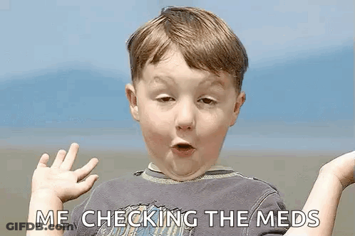 A Young Boy Is Making A Funny Face And Saying `` Me Checking The Meds '' While Standing On A Beach . GIF
