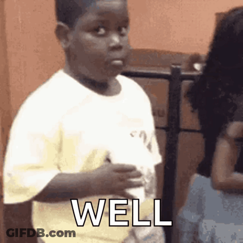 A Young Boy Is Making A Funny Face While Holding A Cup And The Word Well Is Written On His Shirt . GIF