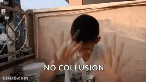 A Young Boy Is Making A Funny Face With His Hands And The Words `` No Collusion '' Written Above Him . GIF