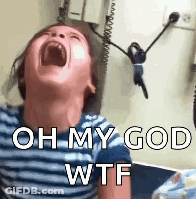 A Young Boy Is Screaming With His Mouth Open And The Words Oh My God Wtf Written On The Bottom . GIF