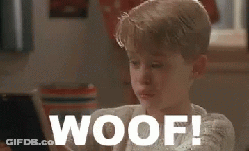 A Young Boy Is Sitting In Front Of A Laptop Computer And Says `` Woof '' . GIF