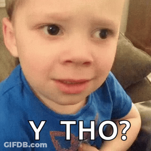 A Young Boy Is Sitting On A Couch And Making A Funny Face With The Words `` Y Tho '' On His Face . GIF