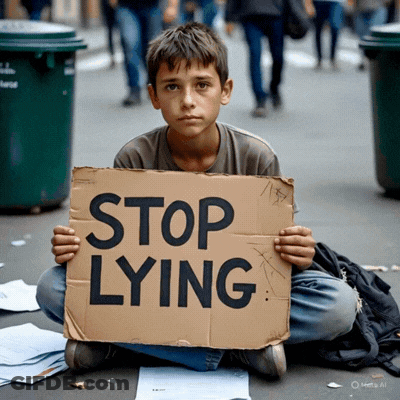 A Young Boy Is Sitting On The Ground Holding A Cardboard Sign That Says Stop Lying GIF