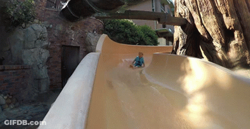 A Young Boy Is Sliding Down A Slide In Front Of A Tree GIF
