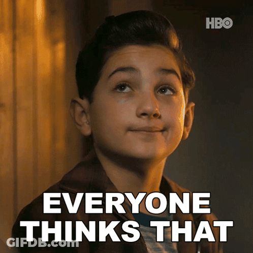 A Young Boy Is Smiling With The Words Everyone Thinks That Below Him GIF