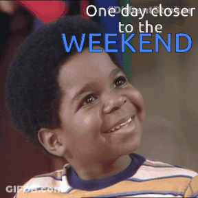 A Young Boy Is Smiling With The Words One Day Closer To The Weekend Behind Him GIF