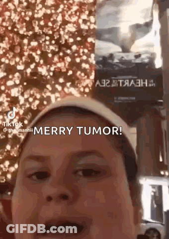 A Young Boy Is Standing In Front Of A Christmas Tree And Says Merry Tumor . GIF