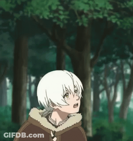A Young Boy Is Standing In The Middle Of A Forest Looking Up At The Sky . GIF