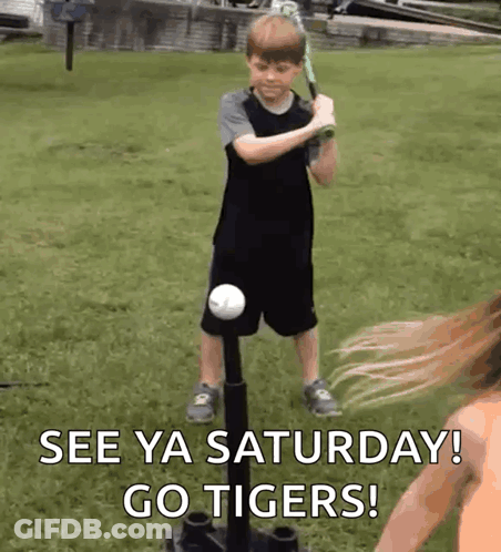 A Young Boy Is Swinging A Bat At A Baseball While A Woman Watches And Says See Ya Saturday Go Tigers ! GIF