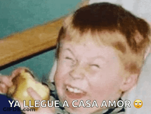 A Young Boy Making A Face With The Words Ya Llegue A Casa Amor GIF