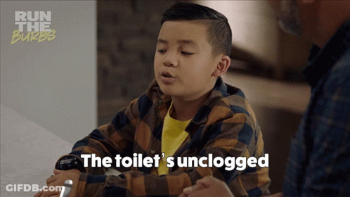 A Young Boy Says The Toilet 'S Unclogged In A Run The Burbs Advertisement GIF