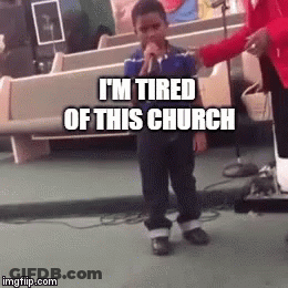 A Young Boy Singing Into A Microphone In A Church With The Caption I 'M Tired Of This Church GIF