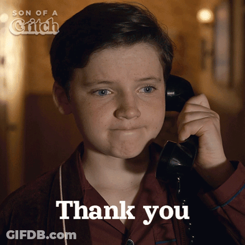 A Young Boy Talking On A Phone With The Words Thank You Behind Him GIF