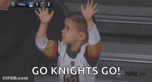 A Young Boy Wearing A Golden Knights Jersey Is Raising His Hands In The Air GIF