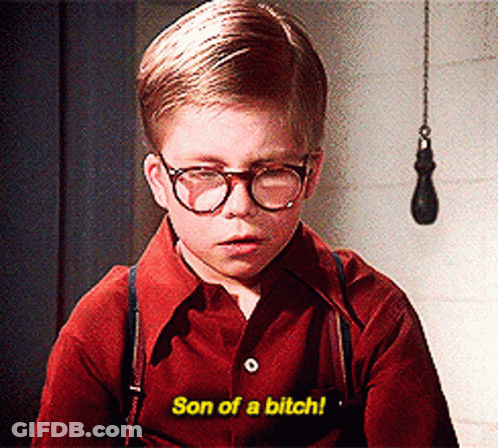 A Young Boy Wearing Glasses And Suspenders Says Son Of A Bitch GIF