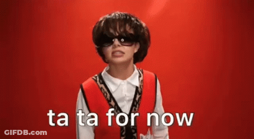 A Young Boy Wearing Sunglasses And A Red Vest Is Making A Funny Face And Says Ta Ta For Now . GIF