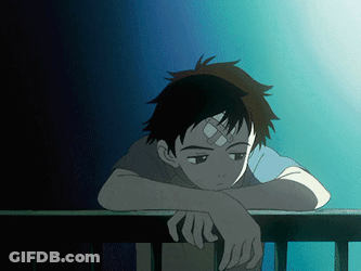 A Young Boy With A Bandage On His Forehead Leans Over A Railing GIF