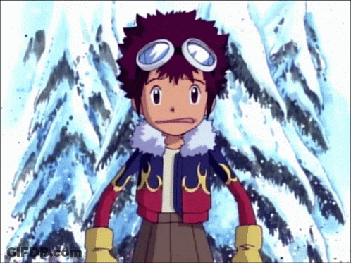 A Young Boy With A Purple Hair And Goggles Stands In Front Of A Snowy Mountain GIF