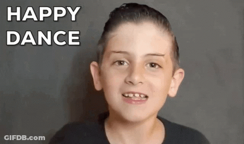 A Young Boy With Braces On His Teeth Is Smiling With The Words Happy Dance Behind Him . GIF