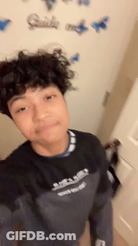 A Young Boy With Curly Hair Is Taking A Selfie In Front Of A Wall With Butterflies On It . GIF
