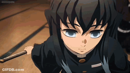 A Young Boy With Long Black Hair Is Holding A Sword In His Hand . GIF