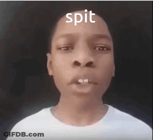 A Young Boy With The Word Spit Written Above His Head GIF