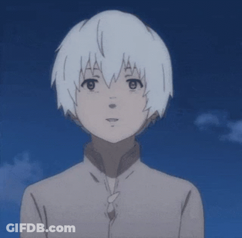 A Young Boy With White Hair And A Blue Sky In The Background GIF