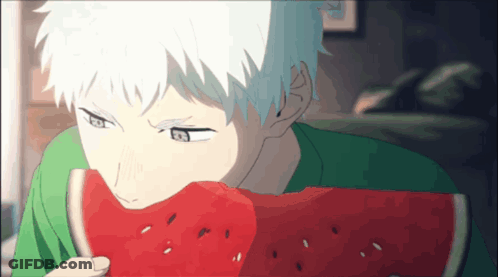 A Young Boy With White Hair Is Eating A Slice Of Watermelon GIF