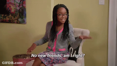 A Young Girl Is Sitting In A Chair And Saying No New Friends Am I Right ? GIF