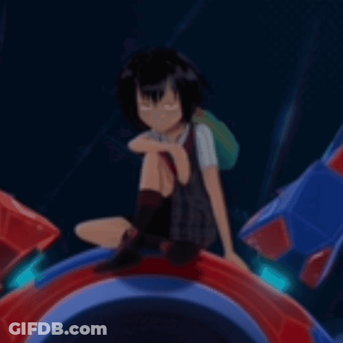 A Young Girl Is Sitting On Top Of A Red And Blue Object . GIF