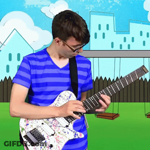 A Young Man In A Blue And White Striped Shirt Plays A Guitar GIF