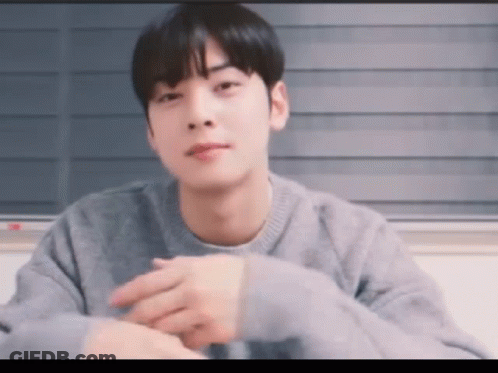 A Young Man In A Grey Sweater Is Sitting In Front Of A Window With His Hands Folded . GIF