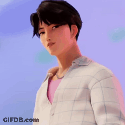 A Young Man In A Plaid Shirt And A Pink Shirt Is Standing In Front Of A Purple Background . GIF