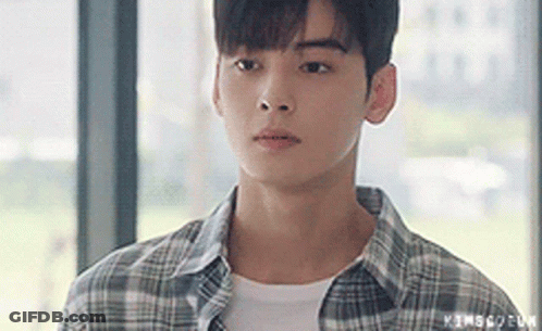 A Young Man In A Plaid Shirt Is Standing In Front Of A Window And Looking At The Camera . GIF