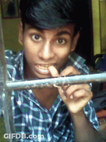 A Young Man In A Plaid Shirt Looks Through A Window GIF