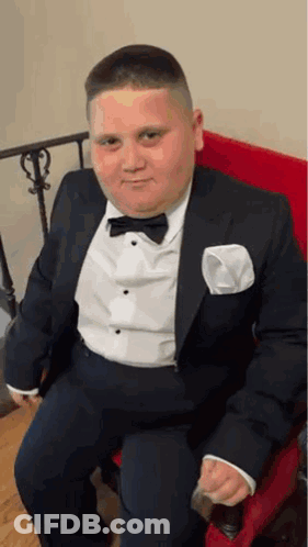 A Young Man In A Suit And Bow Tie Is Sitting In A Chair . GIF
