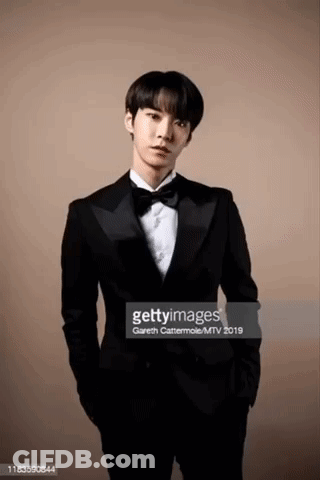A Young Man In A Tuxedo And Bow Tie Is Posing For A Portrait . GIF